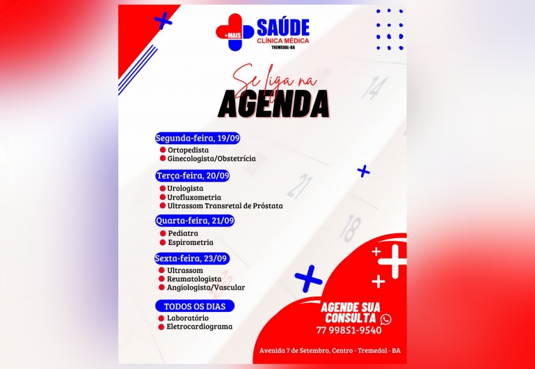 Agenda Semanal da Clinica mais Saude!!